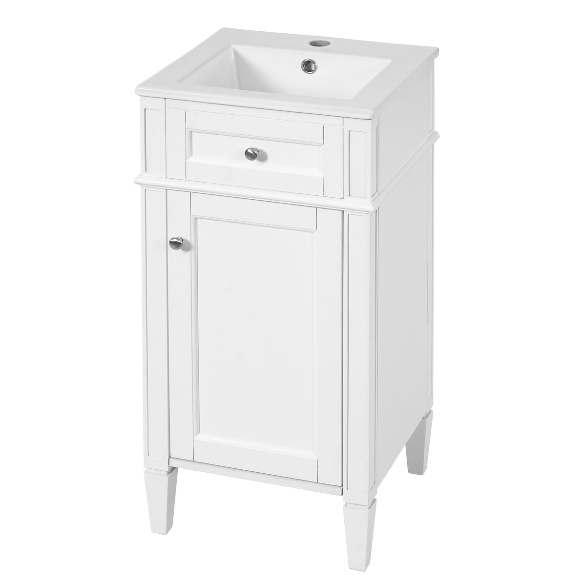 16" Bathroom Vanity with Sink, French Style Small Bathroom Vanity, Freestanding Wood Vanity Cabinet with Ceramic Sink Basin, Soft Close Door & U-Shaped Shelf,White