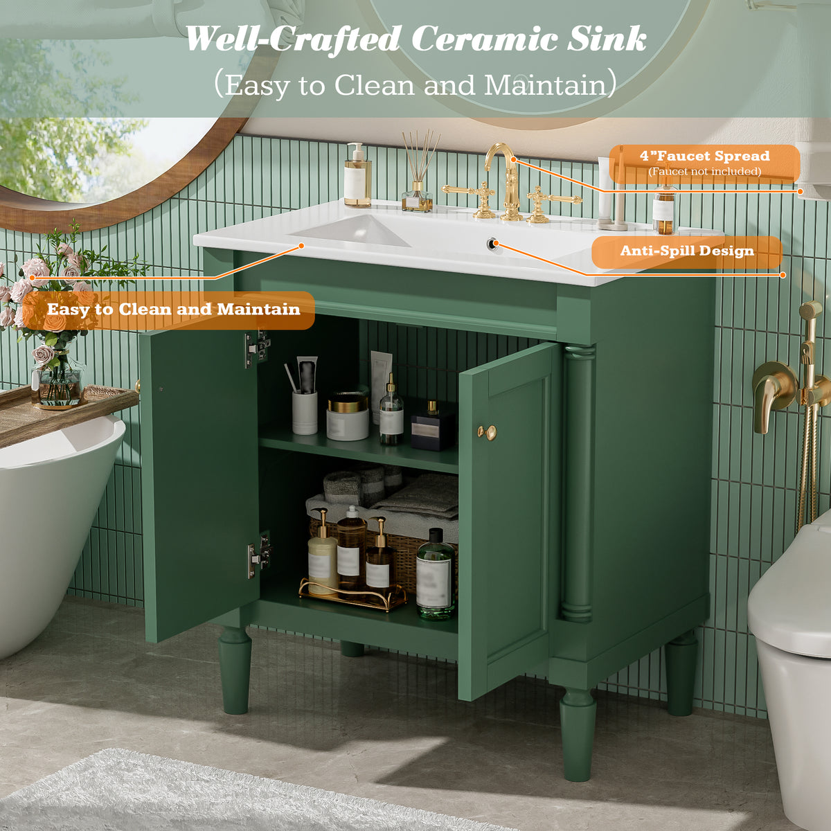 30" Bathroom Vanity with Sink, French Style Small Bathroom Vanity with Semi-Circular Column Design, Ceramic Sink with Overflow, Soft Close Door,Green