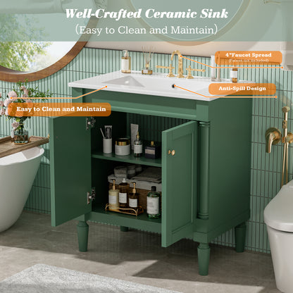 30" Bathroom Vanity with Sink, French Style Small Bathroom Vanity with Semi-Circular Column Design, Ceramic Sink with Overflow, Soft Close Door,Green