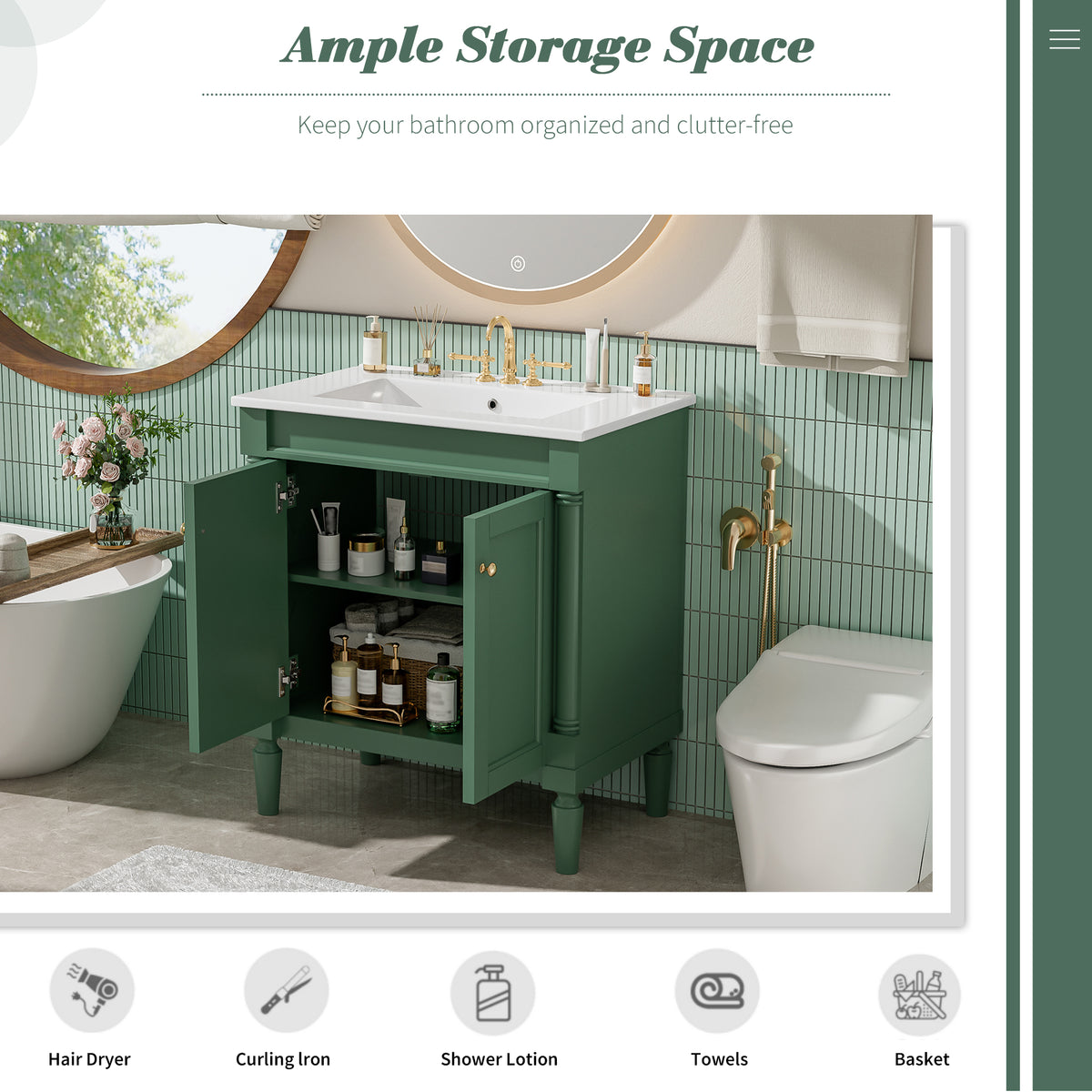 30" Bathroom Vanity with Sink, French Style Small Bathroom Vanity with Semi-Circular Column Design, Ceramic Sink with Overflow, Soft Close Door,Green