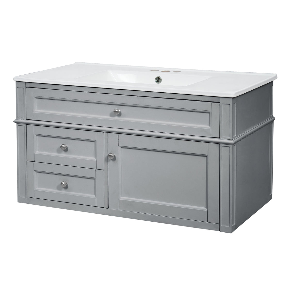 36" Floating Bathroom Vanity with Sink, Wall Mounted Bathroom Vanity with 2 Drawers & Tip-Out Tray, Etched Stripe Design, Ceramic Sink with Overflow, Adjustable Height,Grey