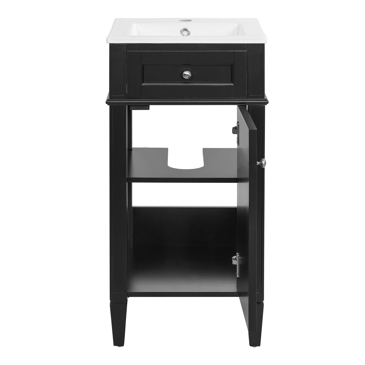 16" Bathroom Vanity with Sink, French Style Small Bathroom Vanity, Freestanding Wood Vanity Cabinet with Ceramic Sink Basin, Soft Close Door & U-Shaped Shelf,Black