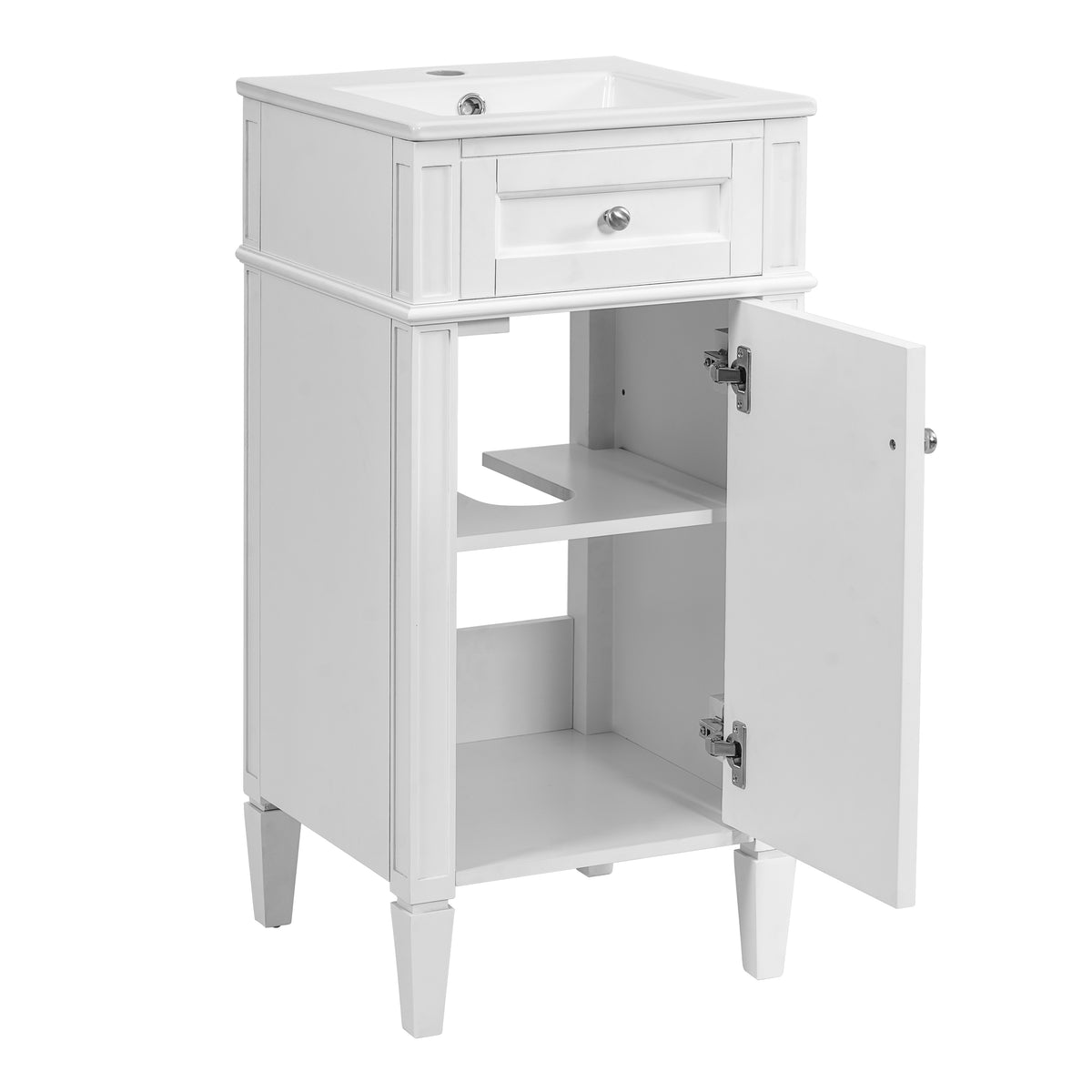 16" Bathroom Vanity with Sink, French Style Small Bathroom Vanity, Freestanding Wood Vanity Cabinet with Ceramic Sink Basin, Soft Close Door & U-Shaped Shelf,White