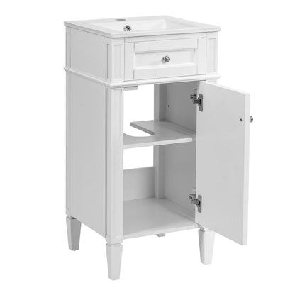 16" Bathroom Vanity with Sink, French Style Small Bathroom Vanity, Freestanding Wood Vanity Cabinet with Ceramic Sink Basin, Soft Close Door & U-Shaped Shelf,White