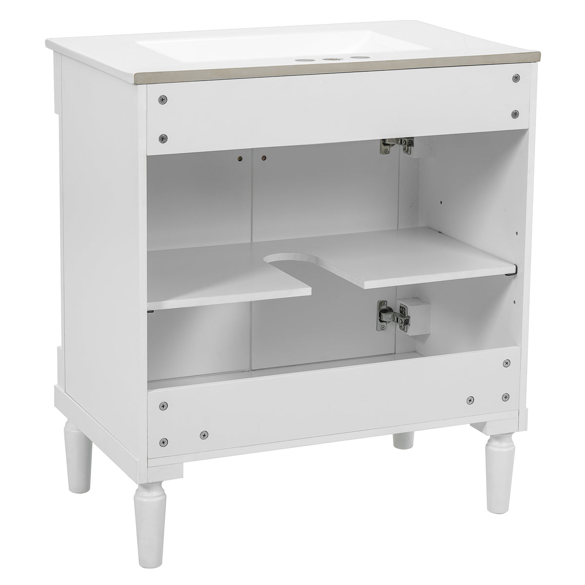 30" Bathroom Vanity with Sink, French Style Small Bathroom Vanity with Semi-Circular Column Design, Ceramic Sink with Overflow, Soft Close Door,White