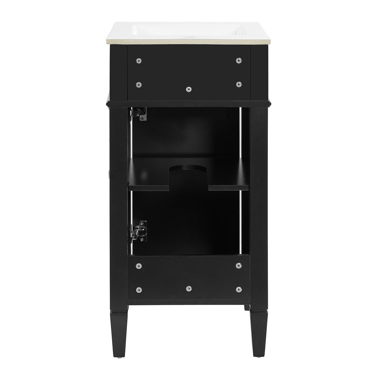 16" Bathroom Vanity with Sink, French Style Small Bathroom Vanity, Freestanding Wood Vanity Cabinet with Ceramic Sink Basin, Soft Close Door & U-Shaped Shelf,Black