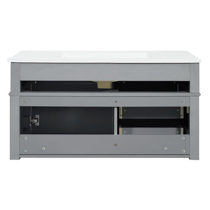 36" Floating Bathroom Vanity with Sink, Wall Mounted Bathroom Vanity with 2 Drawers & Tip-Out Tray, Etched Stripe Design, Ceramic Sink with Overflow, Adjustable Height,Grey