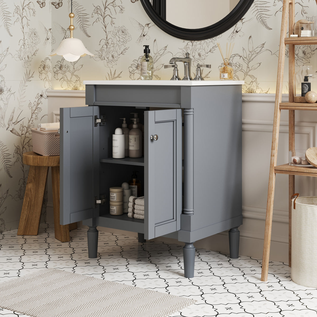 24" Bathroom Vanity with Sink, French Style Small Bathroom Vanity with Semi-Circular Column Design, Ceramic Sink with Overflow, Soft Close Door,Grey