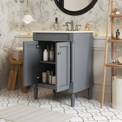 24" Bathroom Vanity with Sink, French Style Small Bathroom Vanity with Semi-Circular Column Design, Ceramic Sink with Overflow, Soft Close Door,Grey