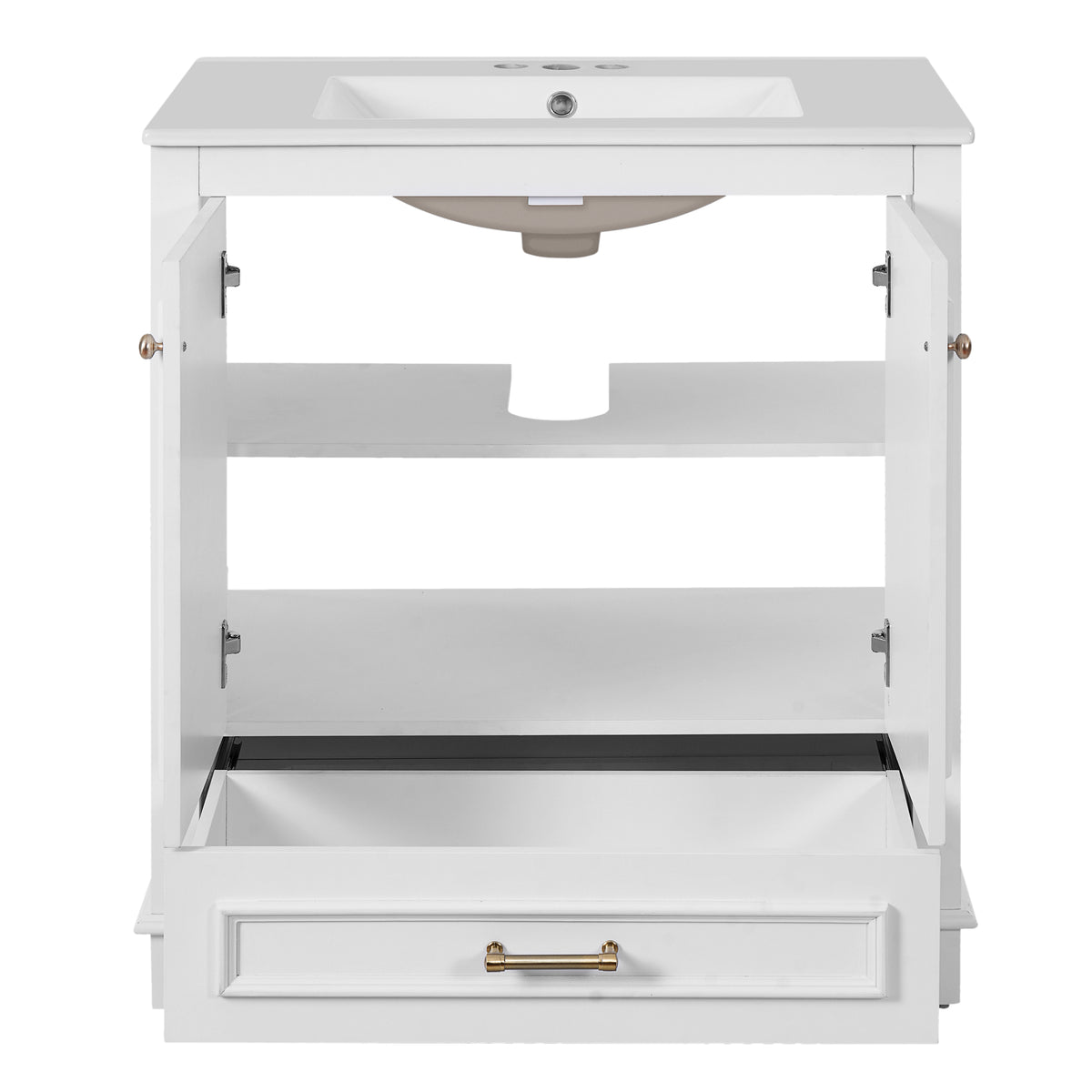 30" Bathroom Vanity with Sink, Traditional Bathroom Vanity with Carved Detail & Solid Wood Frame, Double Doors & Drawer, Ceramic Sink with Overflow,White