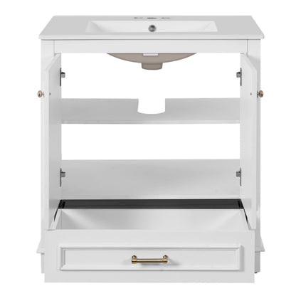 30" Bathroom Vanity with Sink, Traditional Bathroom Vanity with Carved Detail & Solid Wood Frame, Double Doors & Drawer, Ceramic Sink with Overflow,White
