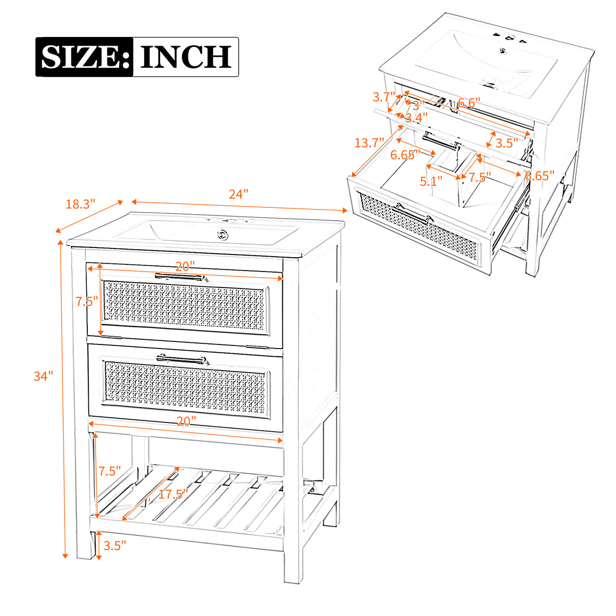 24" Bathroom Vanity with Sink, Modern Bathroom Vanity with Tip-Out Drawer & Ceramic Sink for 4" Centerset Faucet, Solid Wood Feet, Soft Close,White