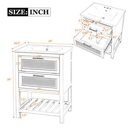 24" Bathroom Vanity with Sink, Modern Bathroom Vanity with Tip-Out Drawer & Ceramic Sink for 4" Centerset Faucet, Solid Wood Feet, Soft Close,White