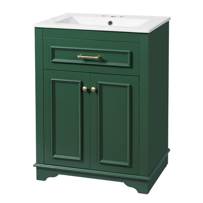 24" Bathroom Vanity with Sink, Small Bathroom Vanity with Tip-Out Drawer & Adjustable Storage, 3-Hole 4" Centerset Ceramic Sink with Overflow, Soft Close Door,Green