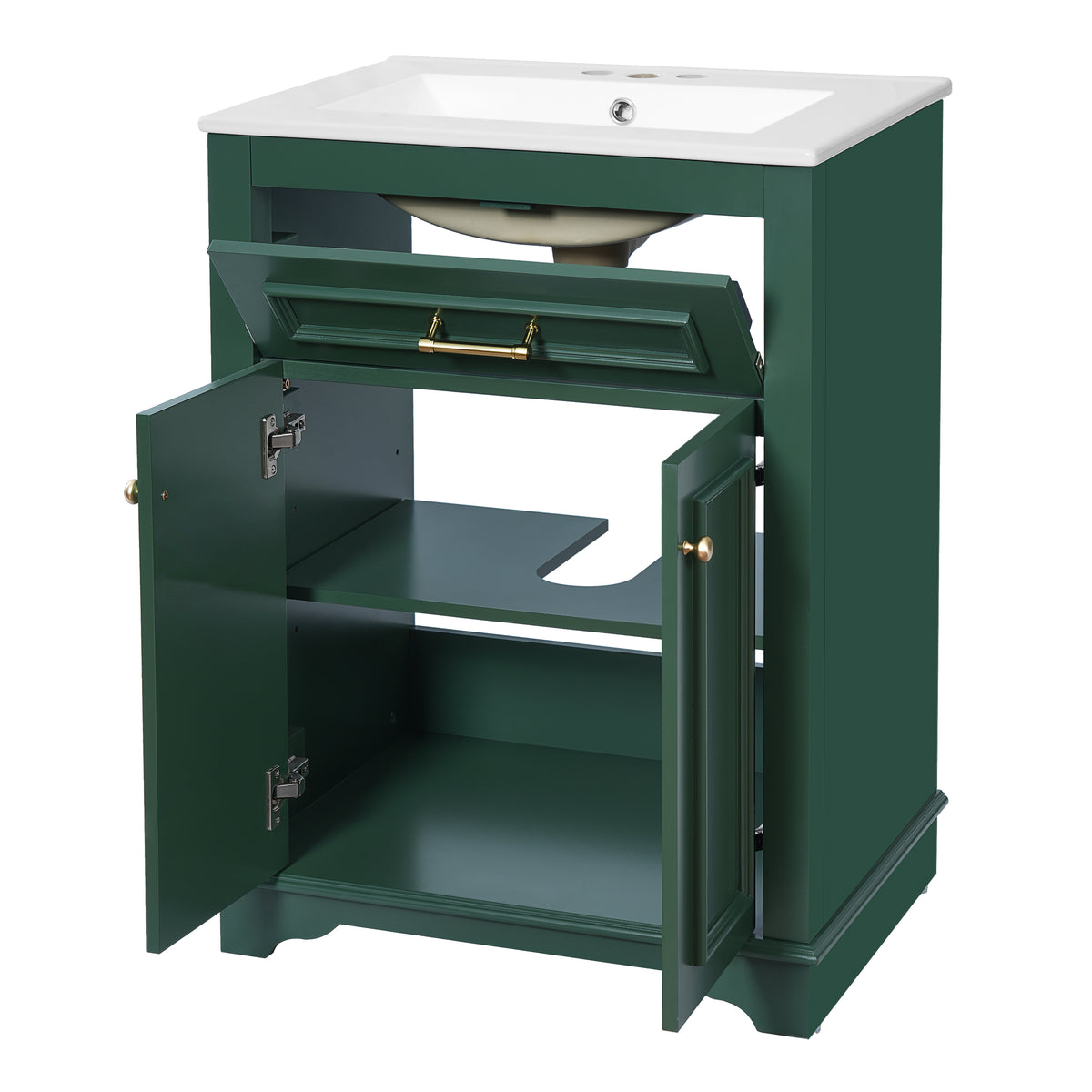 24" Bathroom Vanity with Sink, Small Bathroom Vanity with Tip-Out Drawer & Adjustable Storage, 3-Hole 4" Centerset Ceramic Sink with Overflow, Soft Close Door,Green