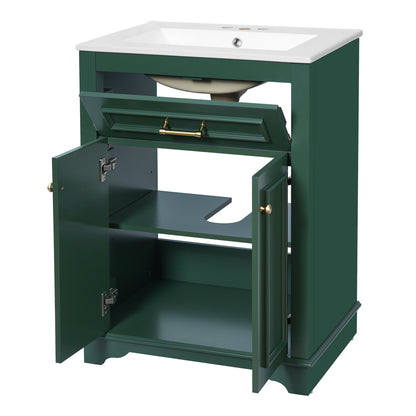 24" Bathroom Vanity with Sink, Small Bathroom Vanity with Tip-Out Drawer & Adjustable Storage, 3-Hole 4" Centerset Ceramic Sink with Overflow, Soft Close Door,Green