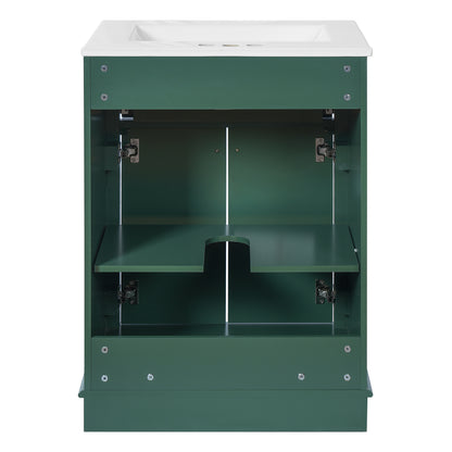 24" Bathroom Vanity with Sink, Small Bathroom Vanity with Tip-Out Drawer & Adjustable Storage, 3-Hole 4" Centerset Ceramic Sink with Overflow, Soft Close Door,Green