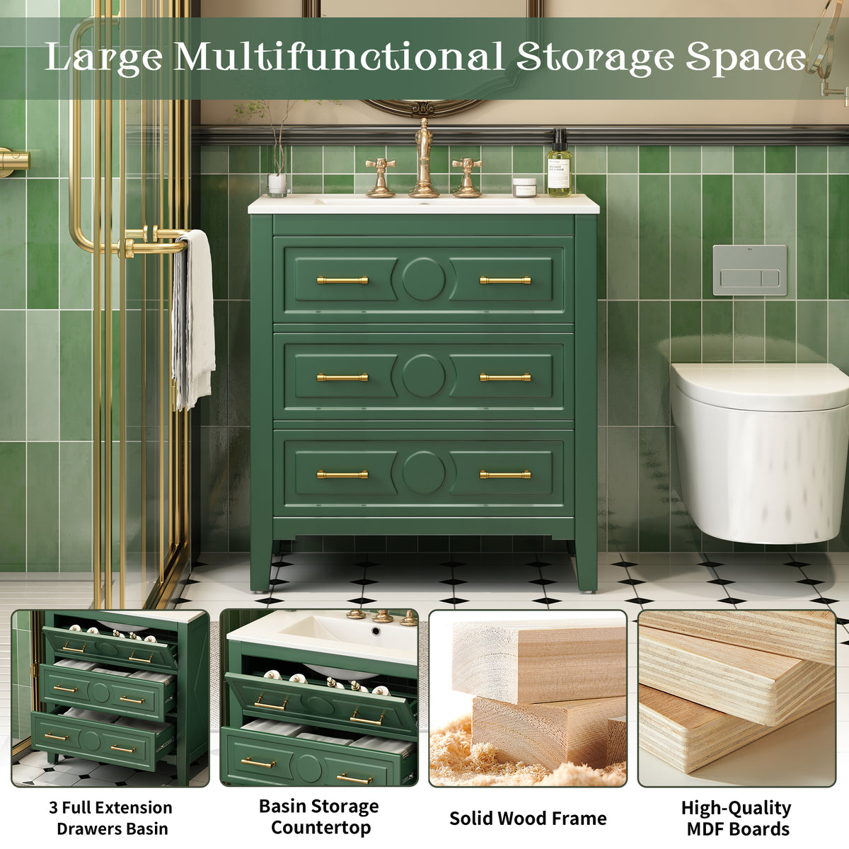 30" Bathroom Vanity with Sink, Black Bathroom Vanity with 3 Drawers & Carved Detail, Ceramic Sink for 4" Centerset Faucet with Overflow, Solid Pine Wood Frame,Green