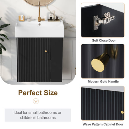 21.6" Floating Bathroom Vanity with Sink, Slim Wall Mounted Bathroom Vanity with Ceramic Basin & Overflow, Wave Pattern Door with Rose Gold Handle, Soft Close Door,Black