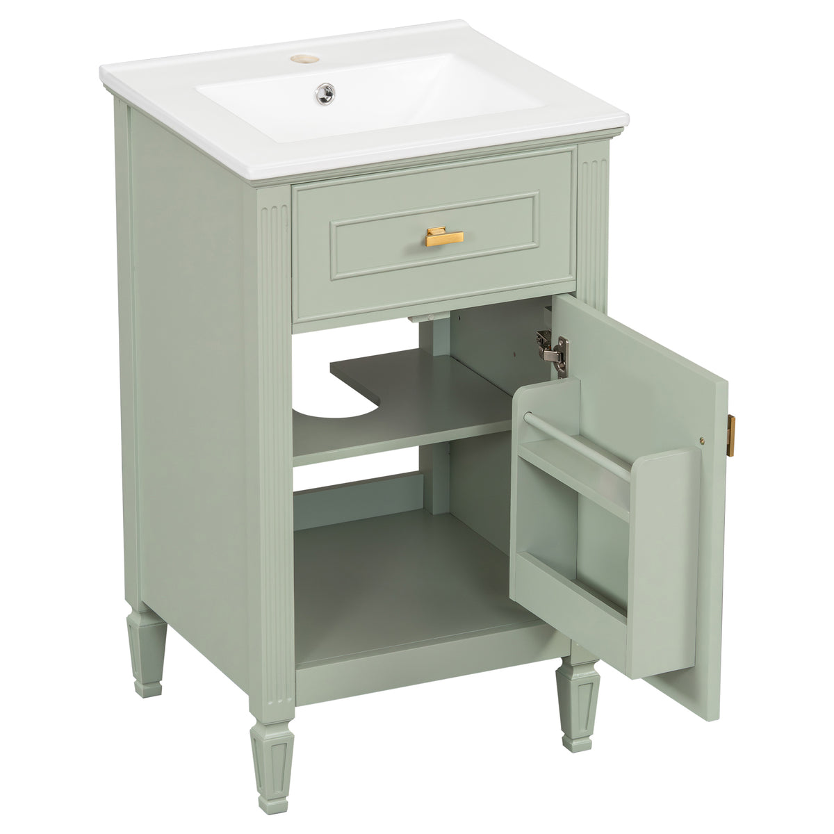 20" Bathroom Vanity with Sink, Small Freestanding Bathroom Vanity Cabinet with Tilt-Out Drawer & Adjustable Shelf, Soft Close Door, Gold Knobs,Green