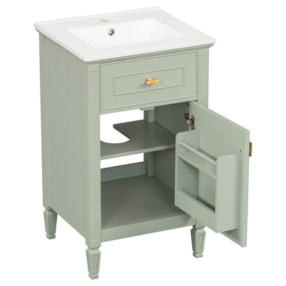 20" Bathroom Vanity with Sink, Small Freestanding Bathroom Vanity Cabinet with Tilt-Out Drawer & Adjustable Shelf, Soft Close Door, Gold Knobs,Green