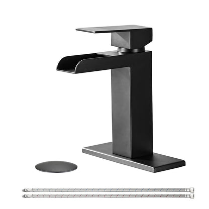 Bathroom Single Hole Three Hole Waterfall Sink Faucet Matte Black Single Handle with Deck Plate and Pop-up Drain W1224P224285