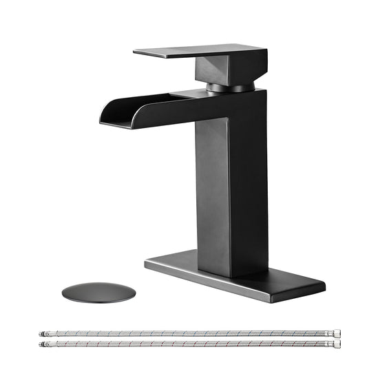 Bathroom Single Hole Three Hole Waterfall Sink Faucet Matte Black Single Handle with Deck Plate and Pop-up Drain W1224P224285