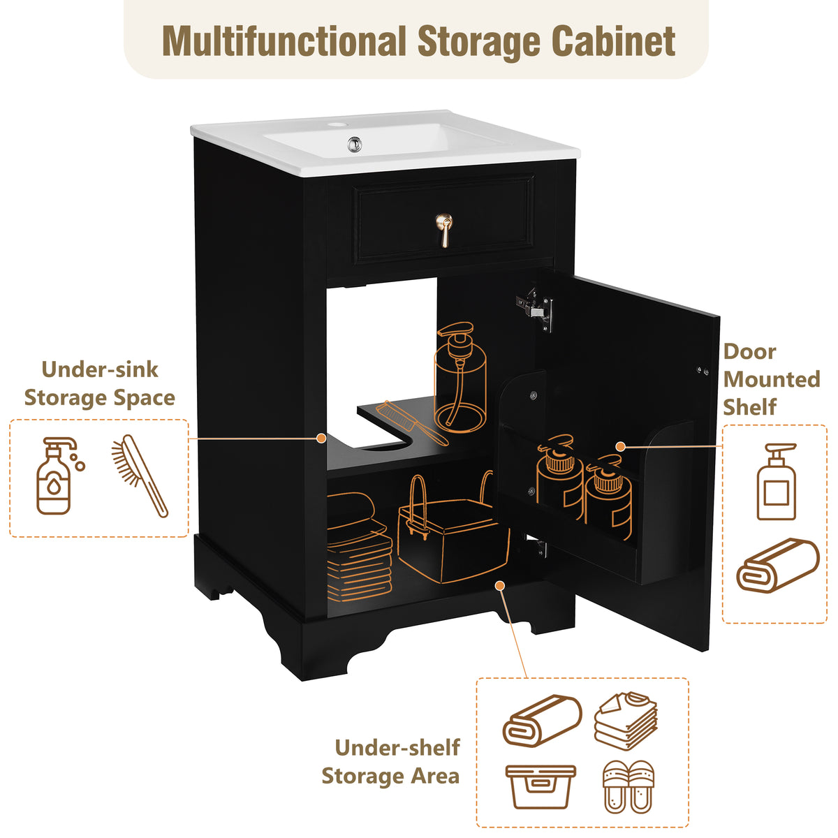 20" Bathroom Vanity with Sink, Classic Modern Bathroom Vanity Cabinet with U-Shaped Adjustable Shelf & Door Rack, Soft Close Door, Aluminum Handle,Black