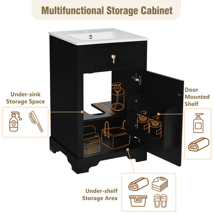 20" Bathroom Vanity with Sink, Classic Modern Bathroom Vanity Cabinet with U-Shaped Adjustable Shelf & Door Rack, Soft Close Door, Aluminum Handle,Black