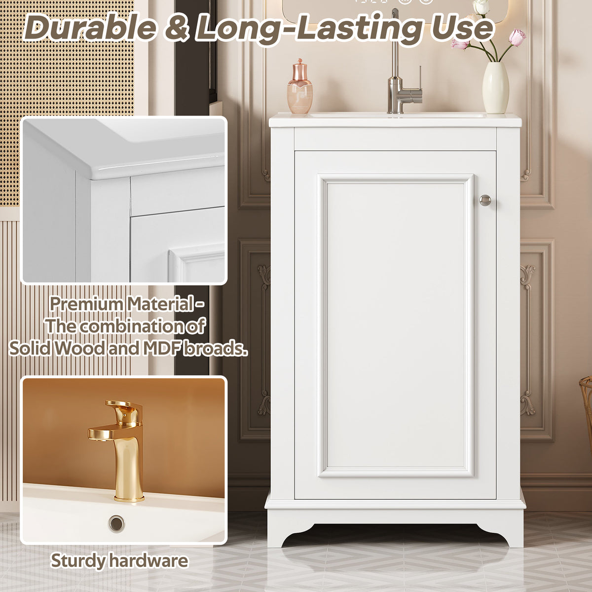 20" Shaker Style Bathroom Vanity with Sink, Small Bathroom Vanity Cabinet with Integrated Ceramic Sink, Soft Close Door, Solid Wood & MDF,White