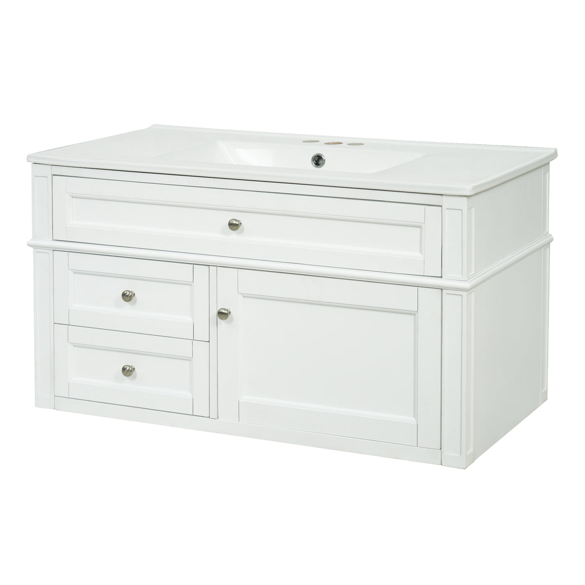 36" Floating Bathroom Vanity with Sink, Wall Mounted Bathroom Vanity with 2 Drawers & Tip-Out Tray, Etched Stripe Design, Ceramic Sink with Overflow, Adjustable Height,White