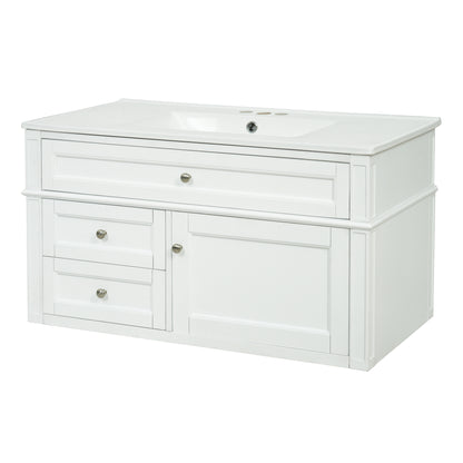 36" Floating Bathroom Vanity with Sink, Wall Mounted Bathroom Vanity with 2 Drawers & Tip-Out Tray, Etched Stripe Design, Ceramic Sink with Overflow, Adjustable Height,White