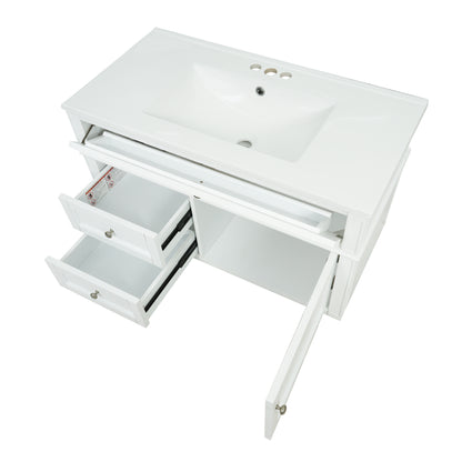 36" Floating Bathroom Vanity with Sink, Wall Mounted Bathroom Vanity with 2 Drawers & Tip-Out Tray, Etched Stripe Design, Ceramic Sink with Overflow, Adjustable Height,White