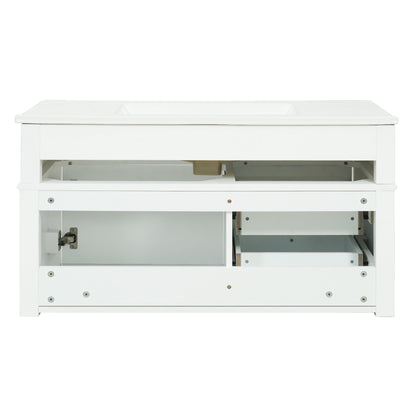 36" Floating Bathroom Vanity with Sink, Wall Mounted Bathroom Vanity with 2 Drawers & Tip-Out Tray, Etched Stripe Design, Ceramic Sink with Overflow, Adjustable Height,White