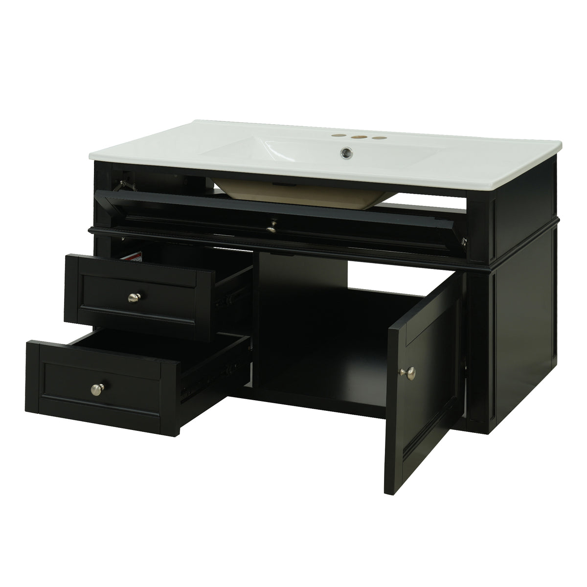 36" Floating Bathroom Vanity with Sink, Wall Mounted Bathroom Vanity with 2 Drawers & Tip-Out Tray, Etched Stripe Design, Ceramic Sink with Overflow, Adjustable Height,Black