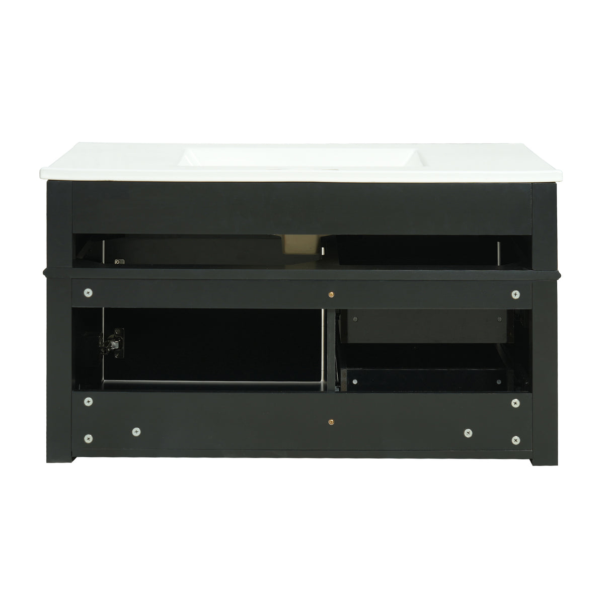 36" Floating Bathroom Vanity with Sink, Wall Mounted Bathroom Vanity with 2 Drawers & Tip-Out Tray, Etched Stripe Design, Ceramic Sink with Overflow, Adjustable Height,Black