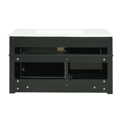 36" Floating Bathroom Vanity with Sink, Wall Mounted Bathroom Vanity with 2 Drawers & Tip-Out Tray, Etched Stripe Design, Ceramic Sink with Overflow, Adjustable Height,Black