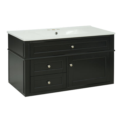 36" Floating Bathroom Vanity with Sink, Wall Mounted Bathroom Vanity with 2 Drawers & Tip-Out Tray, Etched Stripe Design, Ceramic Sink with Overflow, Adjustable Height,Black