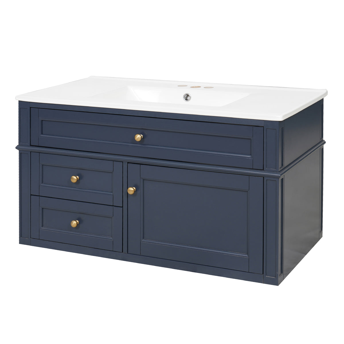 36" Floating Bathroom Vanity with Sink, Wall Mounted Bathroom Vanity with 2 Drawers & Tip-Out Tray, Etched Stripe Design, Ceramic Sink with Overflow, Adjustable Height,Blue