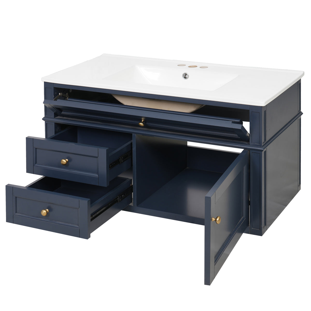 36" Floating Bathroom Vanity with Sink, Wall Mounted Bathroom Vanity with 2 Drawers & Tip-Out Tray, Etched Stripe Design, Ceramic Sink with Overflow, Adjustable Height,Blue
