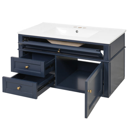 36" Floating Bathroom Vanity with Sink, Wall Mounted Bathroom Vanity with 2 Drawers & Tip-Out Tray, Etched Stripe Design, Ceramic Sink with Overflow, Adjustable Height,Blue