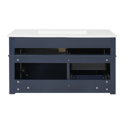 36" Floating Bathroom Vanity with Sink, Wall Mounted Bathroom Vanity with 2 Drawers & Tip-Out Tray, Etched Stripe Design, Ceramic Sink with Overflow, Adjustable Height,Blue