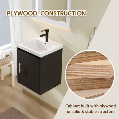 16" Floating Bathroom Vanity with Sink, Modern Wall Mounted Bathroom Vanity with Glossy White Ceramic Sink & Countertop, Soft Close Door, Plywood Storage Cabinet,Black