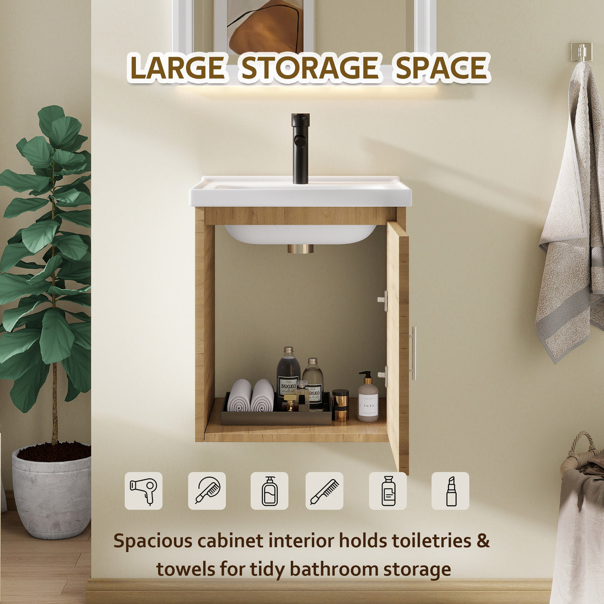 16" Floating Bathroom Vanity with Sink, Modern Wall Mounted Bathroom Vanity with Glossy White Ceramic Sink & Countertop, Soft Close Door, Plywood Storage Cabinet,Oak