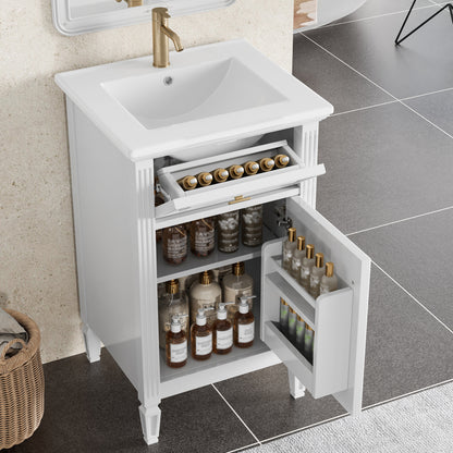 20" Bathroom Vanity with Sink, Small Freestanding Bathroom Vanity Cabinet with Tilt-Out Drawer & Adjustable Shelf, Soft Close Door, Gold Knobs,White