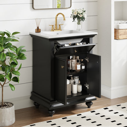 24" Bathroom Vanity with Sink, Farmhouse Bathroom Vanity with Ball-Turned Legs & Tip-Out Drawer, Adjustable Shelf, Soft Close Door, French Country Style,Black