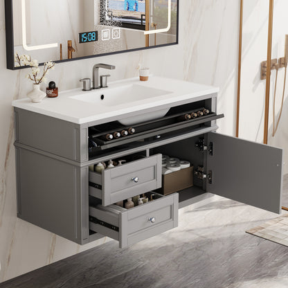 36" Floating Bathroom Vanity with Sink, Wall Mounted Bathroom Vanity with 2 Drawers & Tip-Out Tray, Etched Stripe Design, Ceramic Sink with Overflow, Adjustable Height,Grey