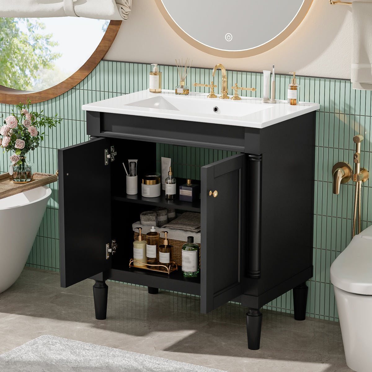 30" Bathroom Vanity with Sink, French Style Small Bathroom Vanity with Semi-Circular Column Design, Ceramic Sink with Overflow, Soft Close Door,Black