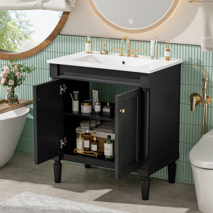 30" Bathroom Vanity with Sink, French Style Small Bathroom Vanity with Semi-Circular Column Design, Ceramic Sink with Overflow, Soft Close Door,Black