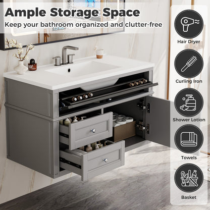 36" Floating Bathroom Vanity with Sink, Wall Mounted Bathroom Vanity with 2 Drawers & Tip-Out Tray, Etched Stripe Design, Ceramic Sink with Overflow, Adjustable Height,Grey